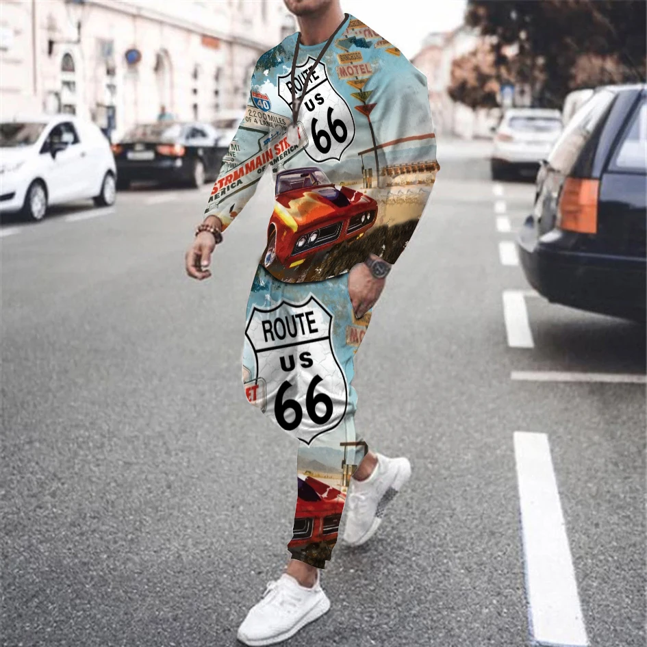 Men's Route 66 Pattern Tracksuit Long Sleeve T-Shirt Trousers Set Male Fashion Suit Oversized Streetwear Clothing Outdoor Outfit male camouflage suit outdoor wear resistant to dirty tooling combat uniform labor insurance overalls site