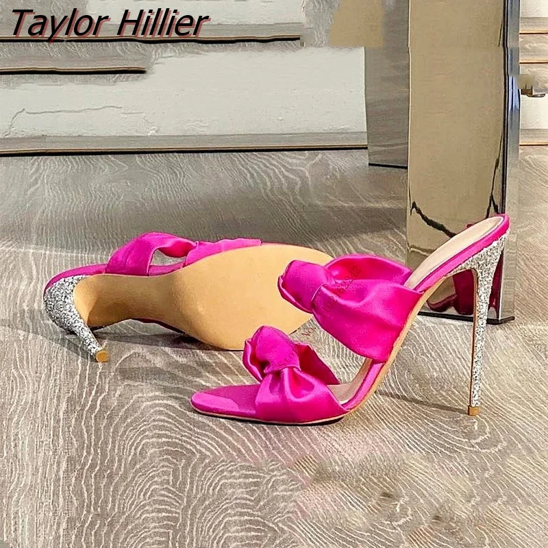 

New Summer Satin Open-Toed High-Heeled Slippers Fashion Sexy Knotted Design Outerwear Sandals Party Banquet Women'S Shoes 46