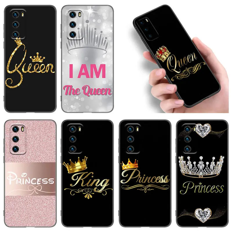 Custodia Per Telefono King Queen Princess Per Huawei P8 P9 P10 P20 P30 P40 Lite E P50 P Smart Pro Z S 2018 2019 2020 2021 Cover Nera Morbida