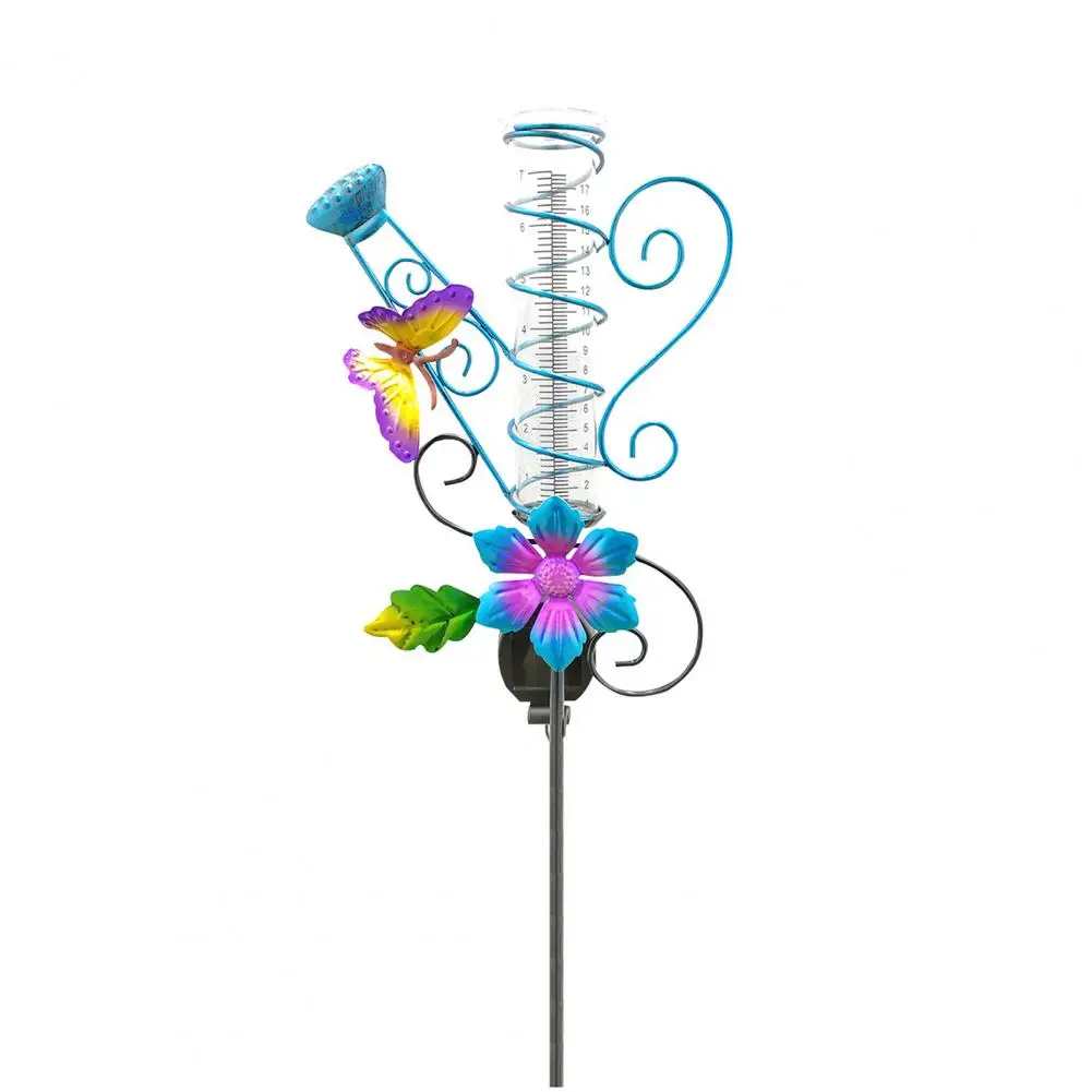 Butterflies Decor Metal Garden Stake All-weather Sloar Powered LED Measuring Tube Long Lasting Rain Gauge for Outdoor