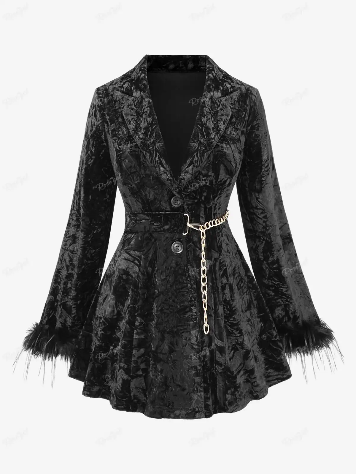 ROSEGAL Plus Size Lapel Collar Jacket Black Coat Fluffy Fur Trim Sleeve Button Embossed Velvet Chain Belted Coat Women's Outwear