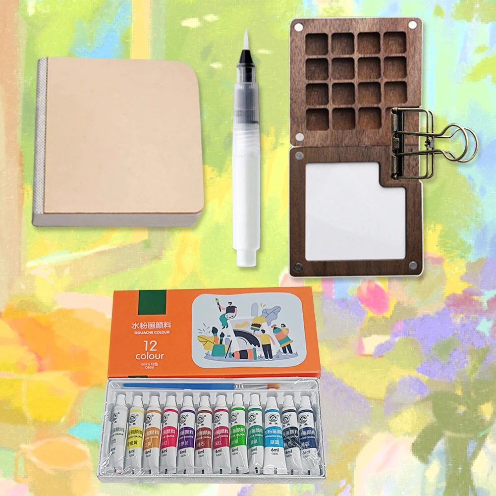 여행용 페인트 팔레트 포켓 아티스트 수채화 세트(클립 포함) 휴대용 수채화 세트 나무 그리드 페인트 박스