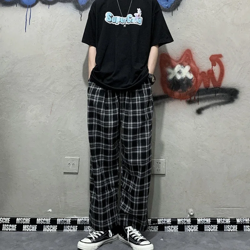 2025 Korean Style Plaid Pants Women Summer New Loose Straight Wide-leg Loose Casual Office Lady Trousers Daily Sweatpants Female 2