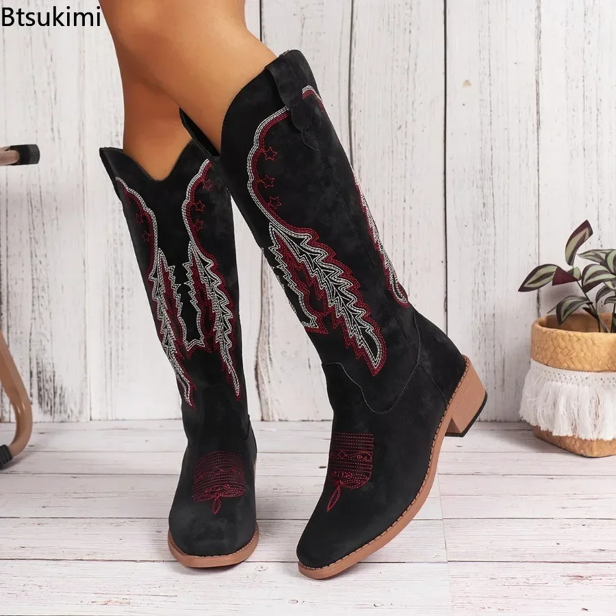 New 2024 Women's Embroidered Long Boots Handmade Thick Heeled Autumn Winter Long Boots Female Cowboy Western Retro Botas Gothic