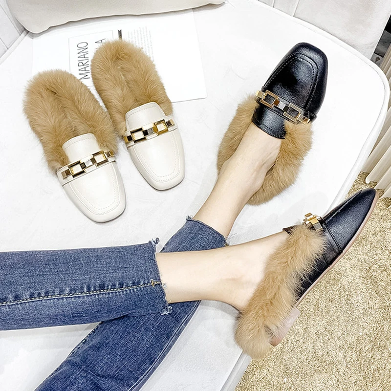 Mules Shoes Luxury Fur Slip Mules Fur Mules Women Rabbit Fur