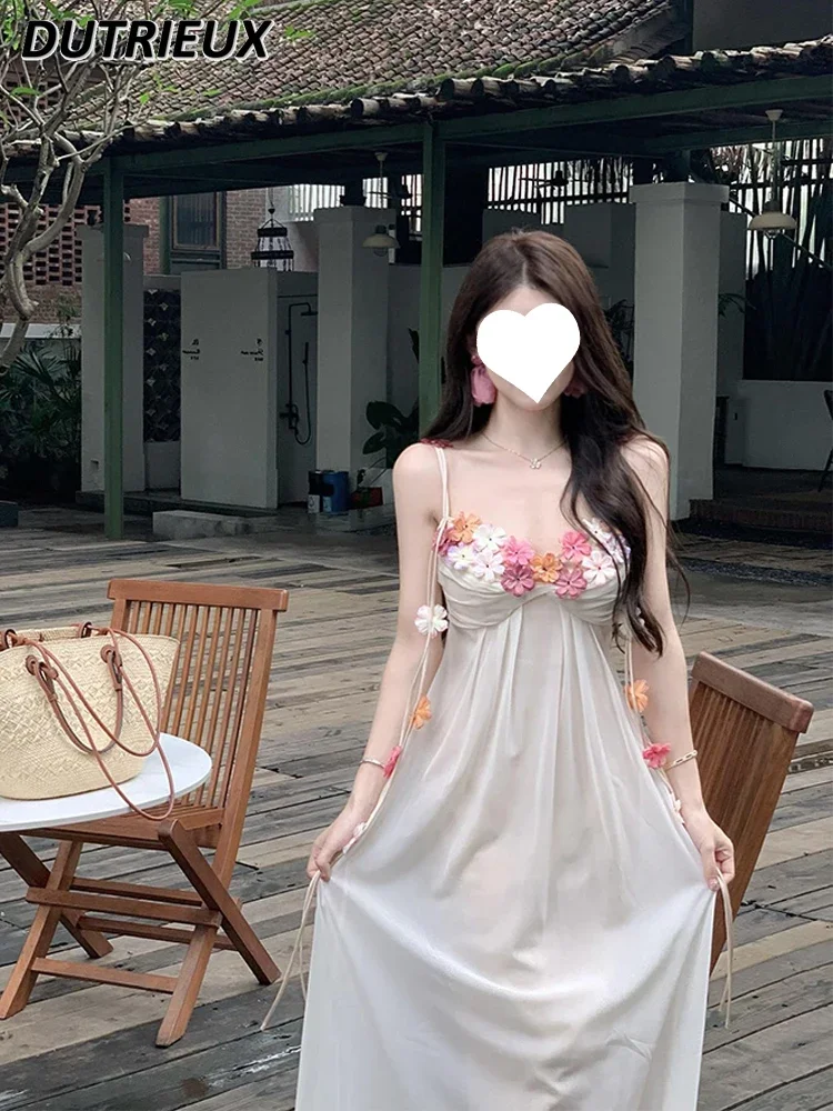 

French Style Hot Girl Flower Sling Long Dress Female Plump Girls Pure Desire Sexy Slimming Beam Waist Vacation Maxi Dresses
