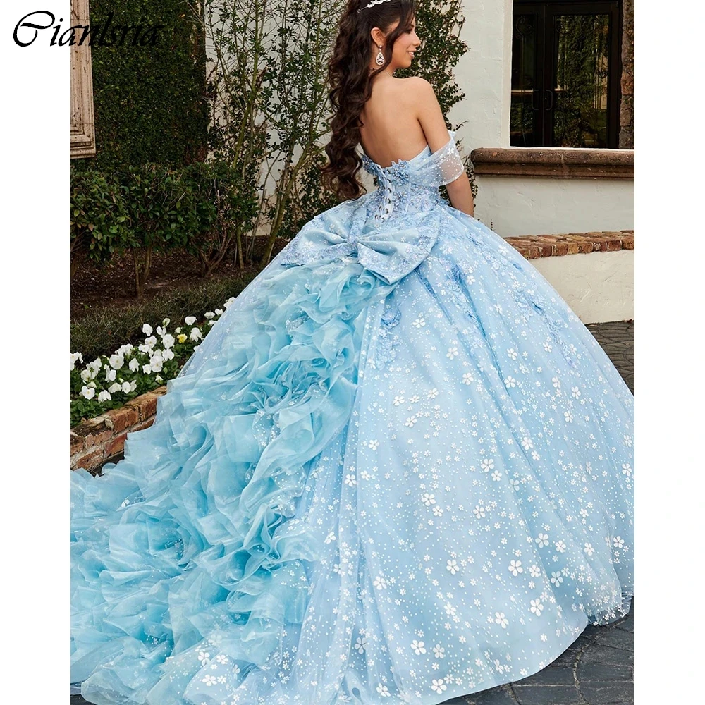

Light Blue 3D Flowers Beading Ball Gown Quinceanera Dresses Off The Shoulder Appliques Lace Ruffles Corset Vestidos De 15 Años