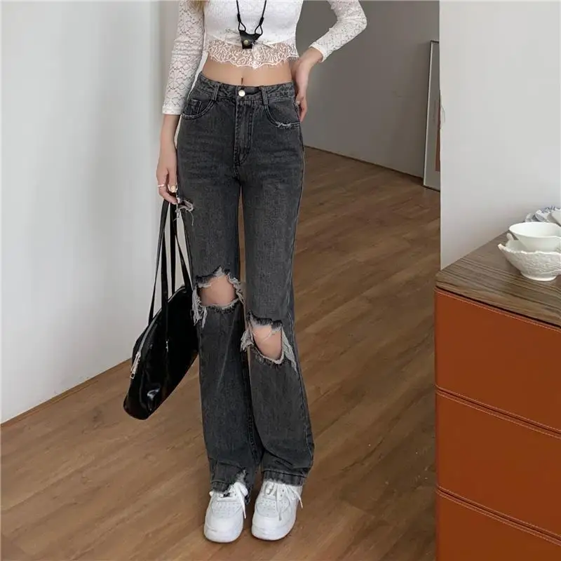 Women's Black Jeans Retro Oversized Harajuku Yk2 Hole Trousers Hollow Out Pants Casual Ladies Ripped Denim Straight Pants Jeans