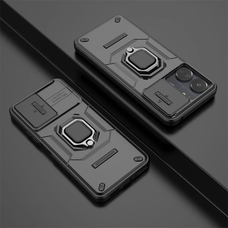 Enhanced Protective Armor Phone Case with Car Magnetic Ring Holder and Lens Protector - Red