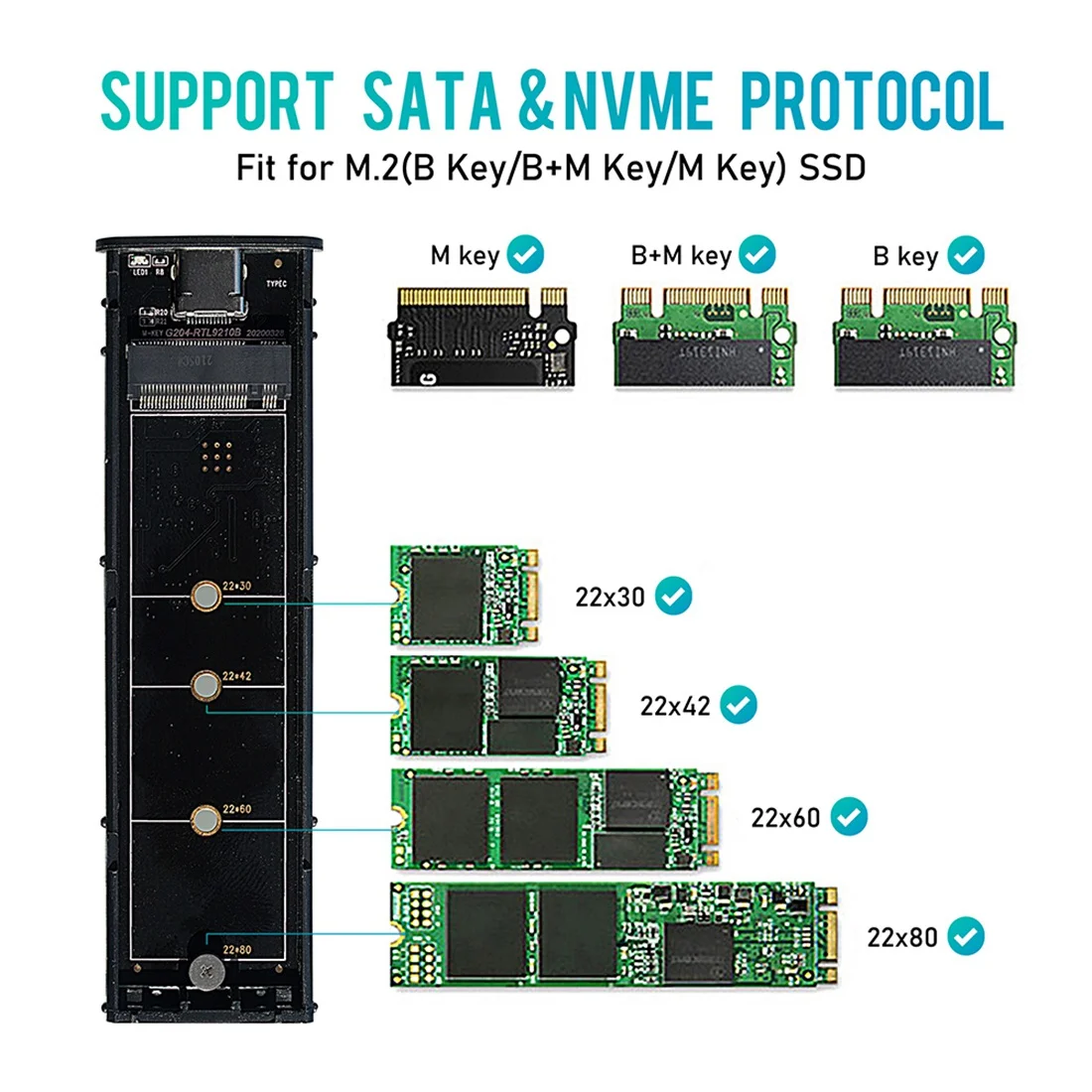 A003 M2 SSD 케이스 NVME 인클로저 M.2-USB SSD 어댑터(NVME PCIE NGFF SATA M+B 키 2230/2242/2260/2280 듀얼 프로토콜(C)용)