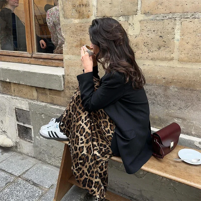 TRAF Leopard Print Satin Skirt Women High Waist Vintage Midi Skirt Woman Fashion Elegant Long Skirts For Women 2024 Summer Skirt