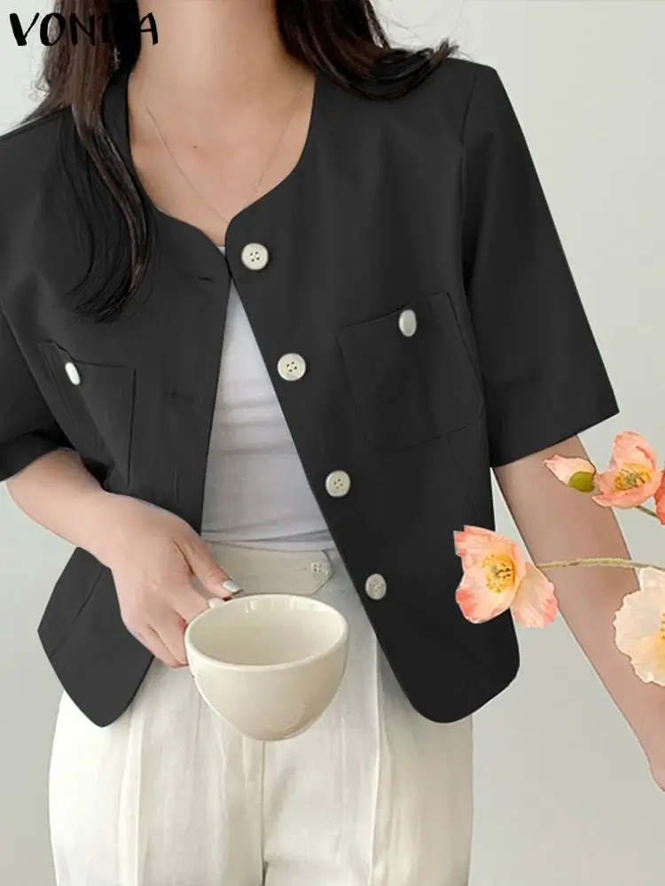 

VONDA Women Lady Office Blazer 2023 Fashion Casual Short Sleeve Blazer Elegant Coat Button Outerwear Fashion Overcoat Oversized