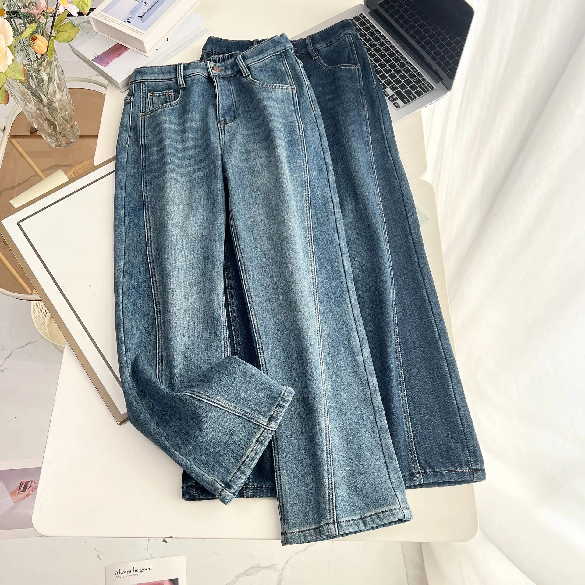 XXXXXL Fashion Plus Size Women's Jeans Winter New Style Simple Retro Fleece Warm Thickened Denim Straight Leg Long Pants 8662