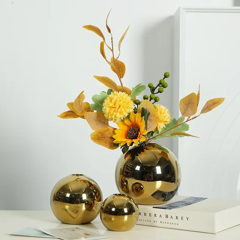 

Golden Art Ceramics Vase Electroplating Circle Hydroponic Sphere Potted Home Decoration Living Room Bedroom Bookcase Decor Vases