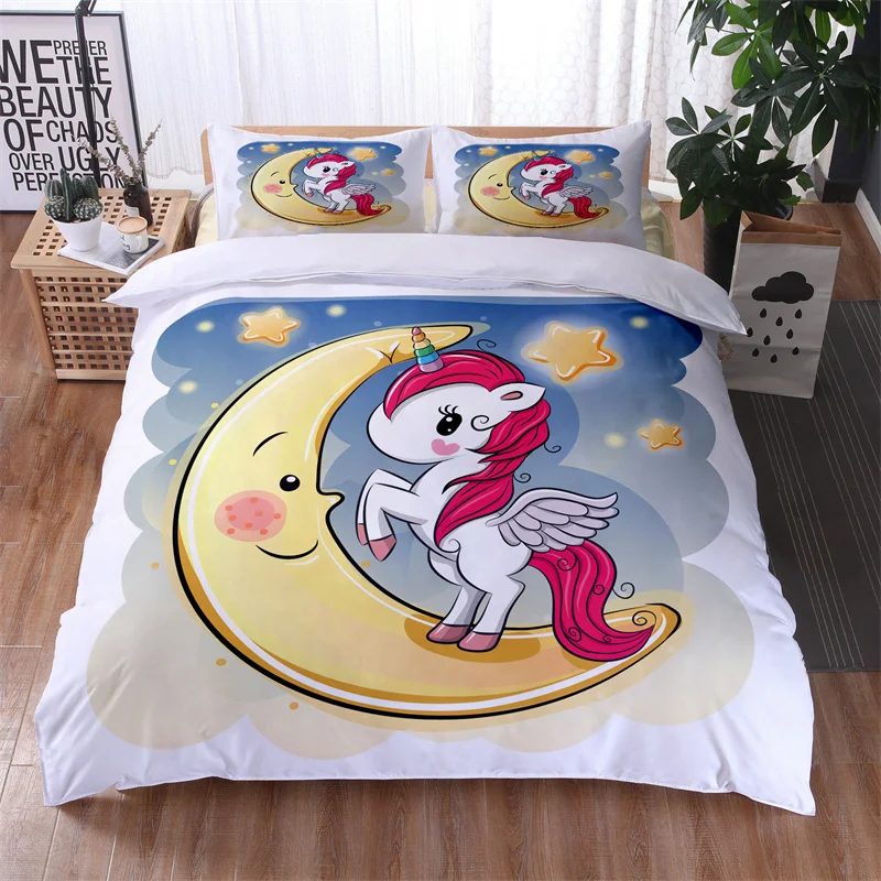 

Home Textile Luxury 3D Cartoon Unicorn 2/3Pcs Kids Aldult Duvet Cover Pillowcase Bedding Set Single Queen and King AU/EU/US Size