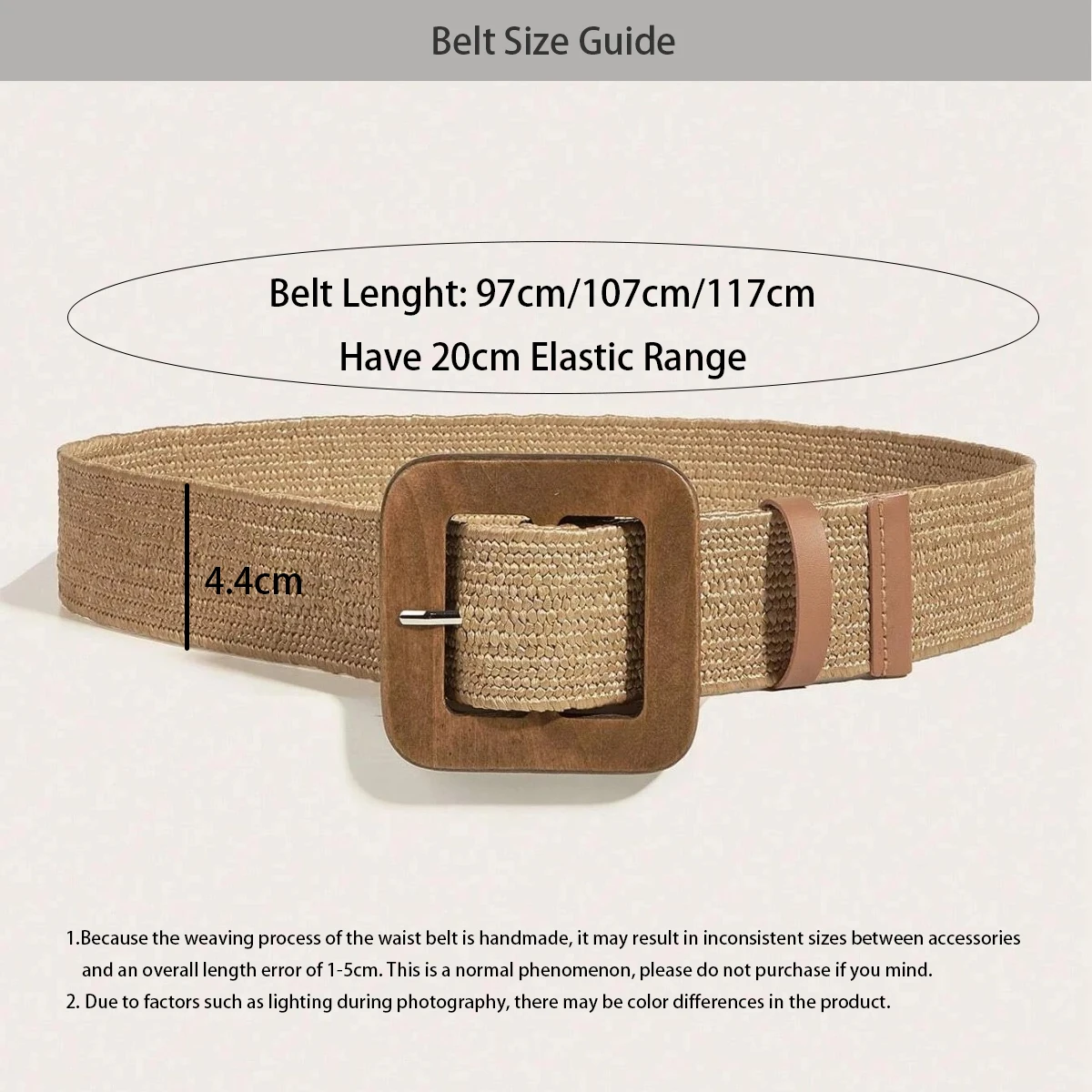 1 Stück Damen Gürtel mit quadratischer Holzschnalle im Boho-Stil aus Stroh für die tägliche Dekoration, gewebter Gürtel für Kleider, Jeans, Sommer, Strand – Detail 1