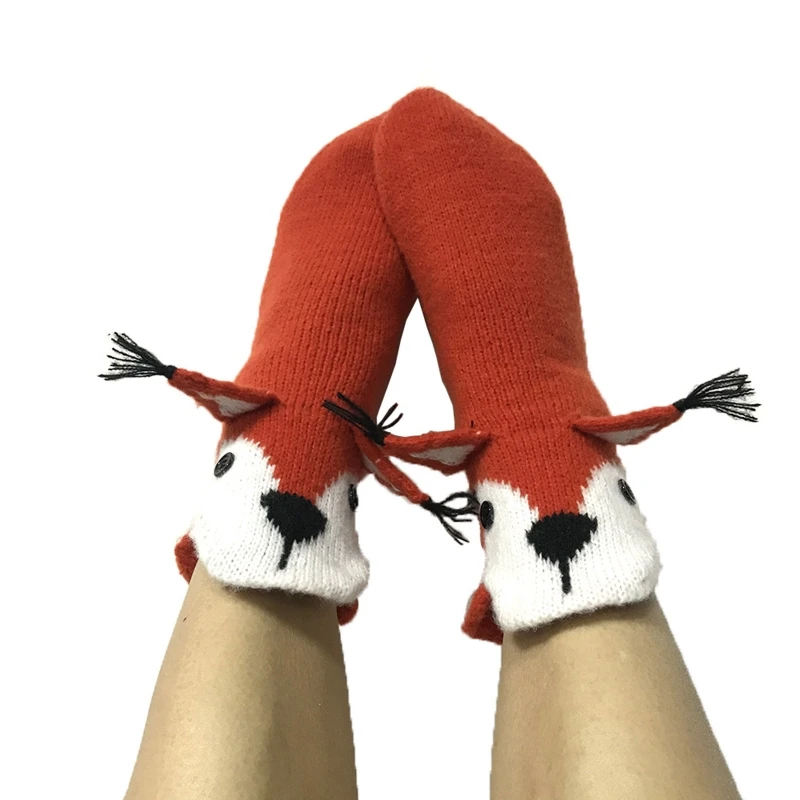 Women Men Winter Christmas Cartoon Calf Socks Crochet Knit Novelty Funny Animal 3D Ears Floor Slipper Tube Gifts