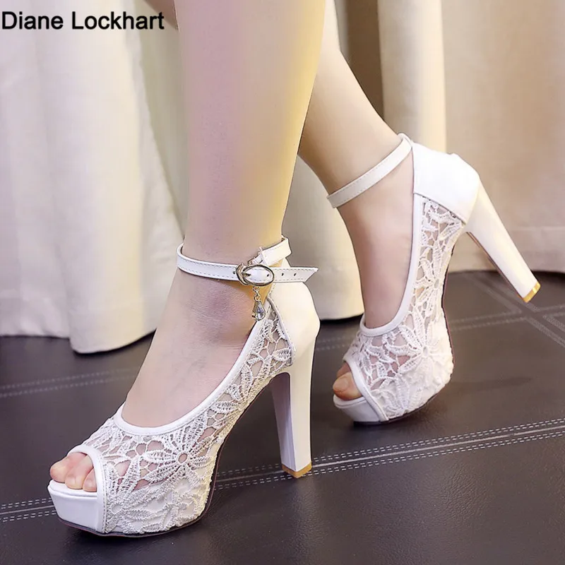 

Lace Mesh Wedding Shoes Woman Peep Toe High Heels Female Platform Summer Pumps Ladies White Party Sandals Tacones Mujer Black