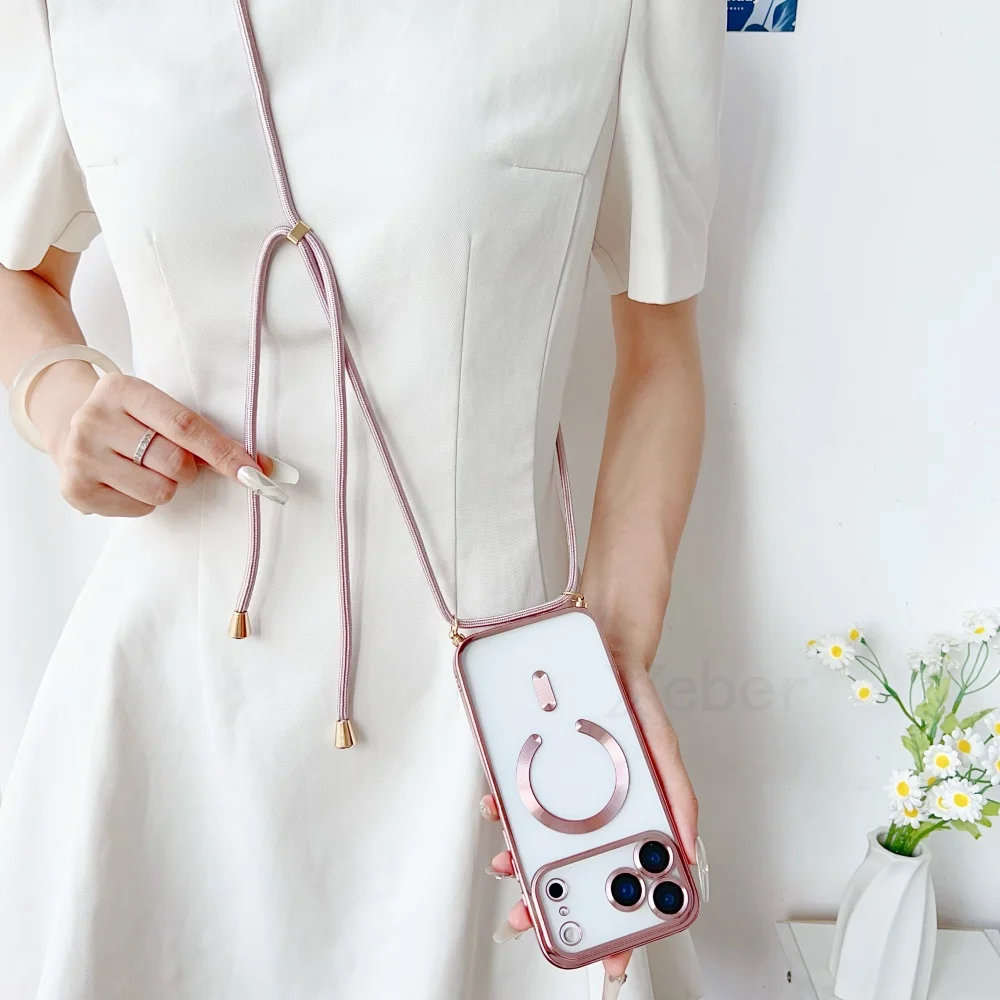 Elegant Crossbody Magnetic Necklace Lanyard with Plating Details - Clear Soft Silicone Case