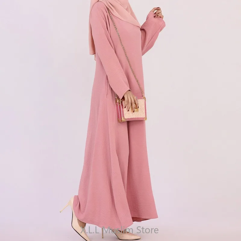 Muslim Women Long Dresses Solid Color Dubai Turkey Kaftan Islamic Dresses Eid Ramadan Abaya Loose Inner Dress With Pockets 2024