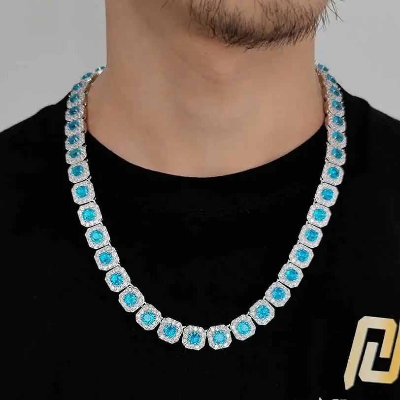 12mm Unisex Square Clustered Tennis Chain Iced Out Colorful Diamond CZ Choker Necklace Hip Hop Jewelry