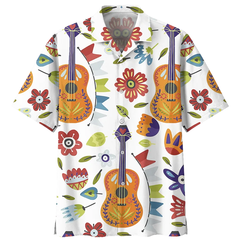 thumbnail image 1 of Camisa hawaiana con estampado 3D de guitarra colorida para hombre, blusa de verano de manga corta con estampado de instrumentos musicales y solapa con botones, 1 of 5