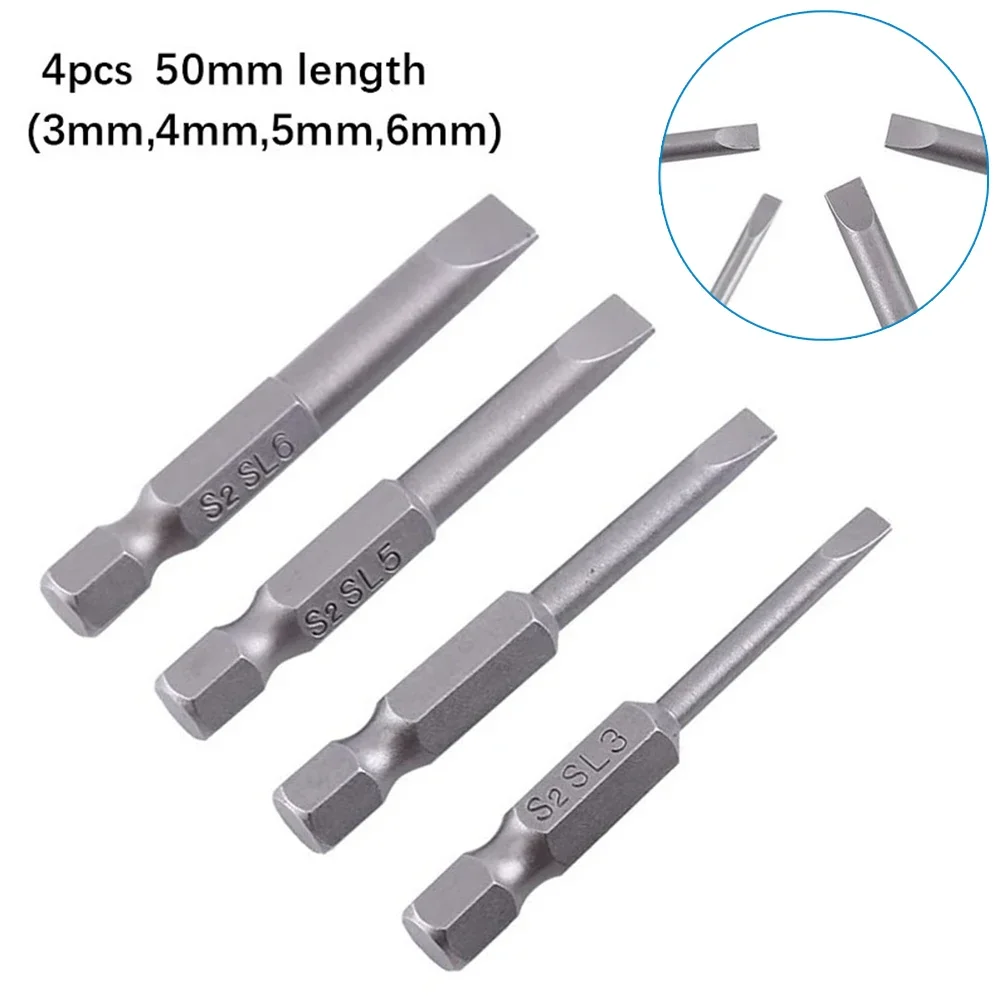 

4Pcs 50mm Slotted Screwdriver Bit 3mm-6mm Magnetic Flat Head 1/4in Hexagonal Screwdriver Electric Screwdriver Hand Tool