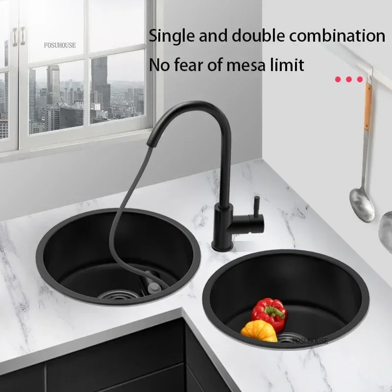 Black Nano Kitchen Sink Round Undermount Single Slot Small Sink 304 Stainless Steel Bar Balcony Washbasin For Kitchen