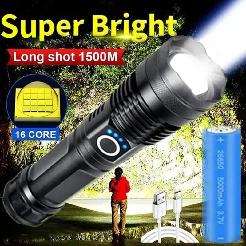 

High Power XHP100 Led Flashlight Rechargeable 4 Core Torch Zoom Usb Hand Lantern For Camping, Outdoor & Emergency Use