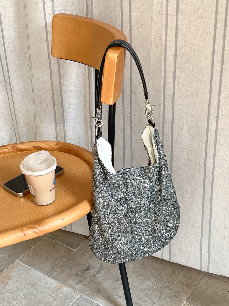Women Bag Ladies Leisure Solid Color Totes Bag Large Capacity Sequins Handbag Luxury Sparkling Bucket Bag Women's Shoulder Bags