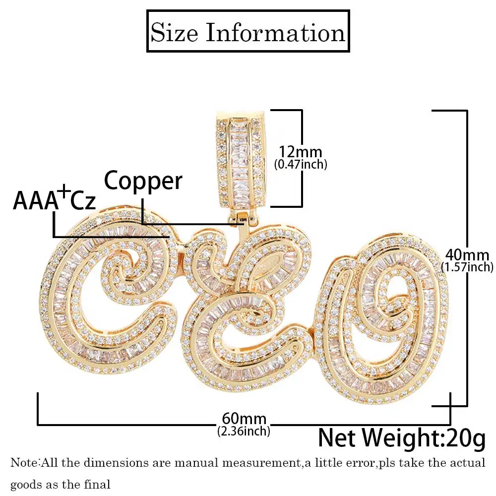 Hip Hop Name Custom Pendant New Style Bling Rectangular Drill CZ Stone Personalized Cursive Letter Necklace
