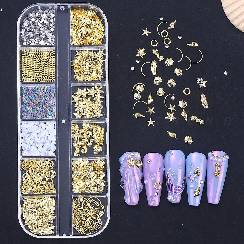 1 Box Mixed 3D Golden Summer Ocean Nail Accessories Shells/Seahorses/Starfish/White Pearl  DIY Nail Rhinestone Charm Decoration