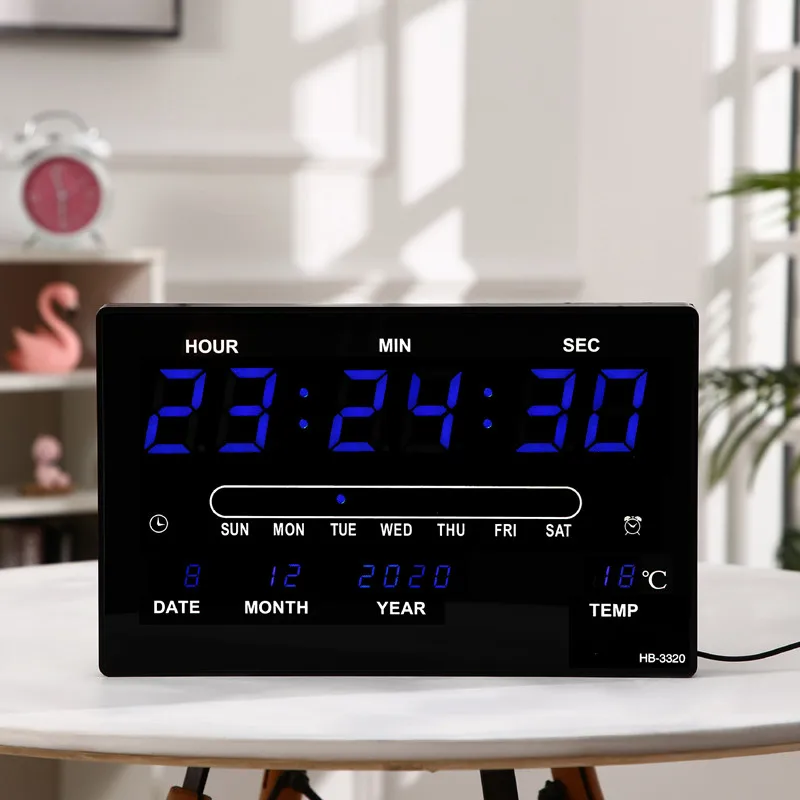 32x20x3CM Large Digital Wall Clock Alarm Hourly Chime Function Table Clock Calendar Temperature Electronic LED Clocks with Plug 