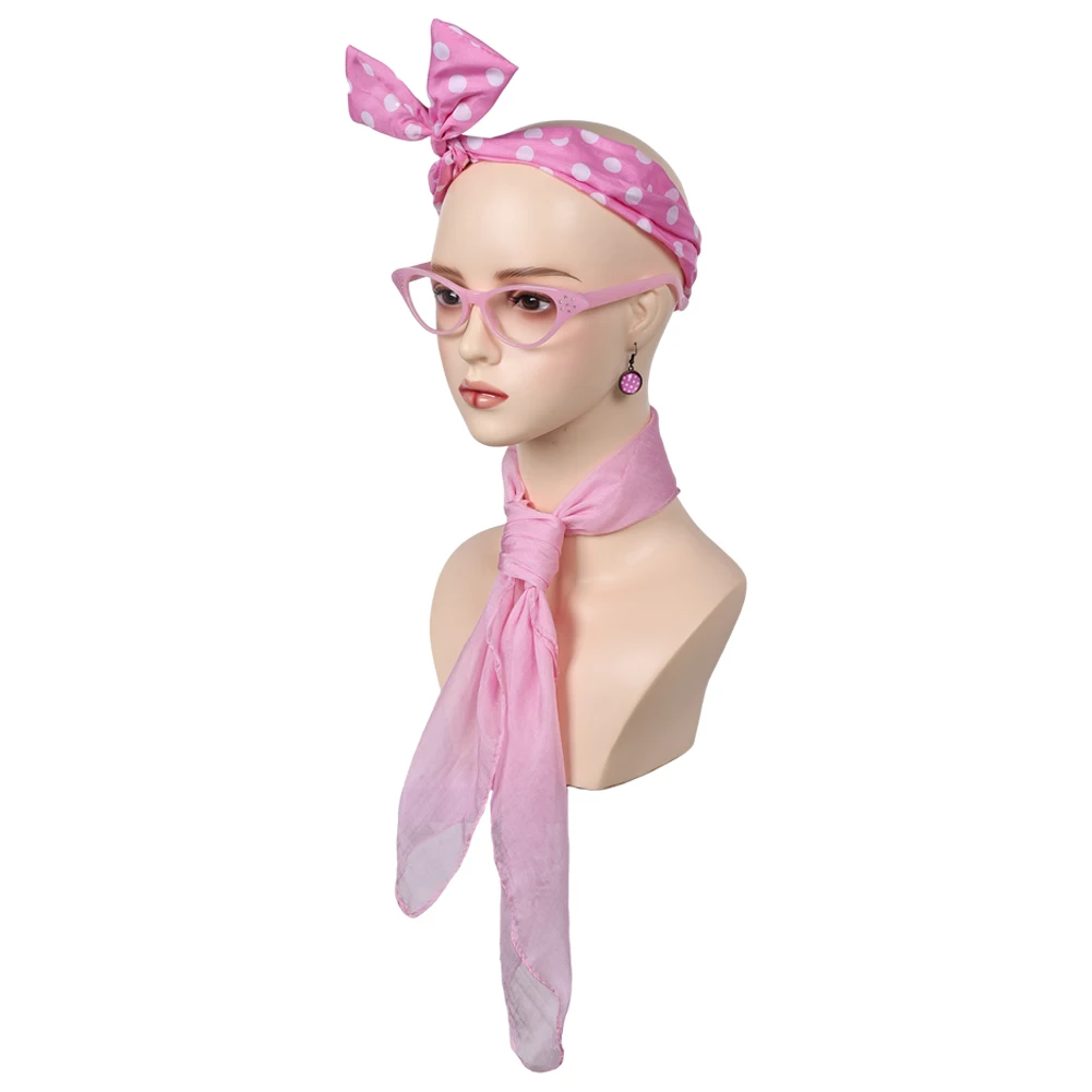 Film Grease 1950er Jahre Karneval Party Rollenspiel Kostüm Ball Set Frauen Rosa Kopfbedeckung Ohrringe Brille Schal Halloween Anzüge Requisiten – Detail 2