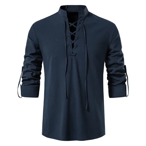 New Men's Casual Linen V Neck T Shirts Male Solid Color Long Sleeves bandage Cotton Linen T-Shirt Tops S-2XL