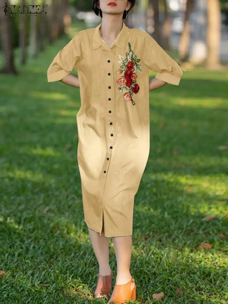 

ZANZEA 2024 Summer Embroidery Women Long Shirt Dress Vintage Floral Long Sleeve Vestidos Buttons Robe Casual Loose Midi Dresses