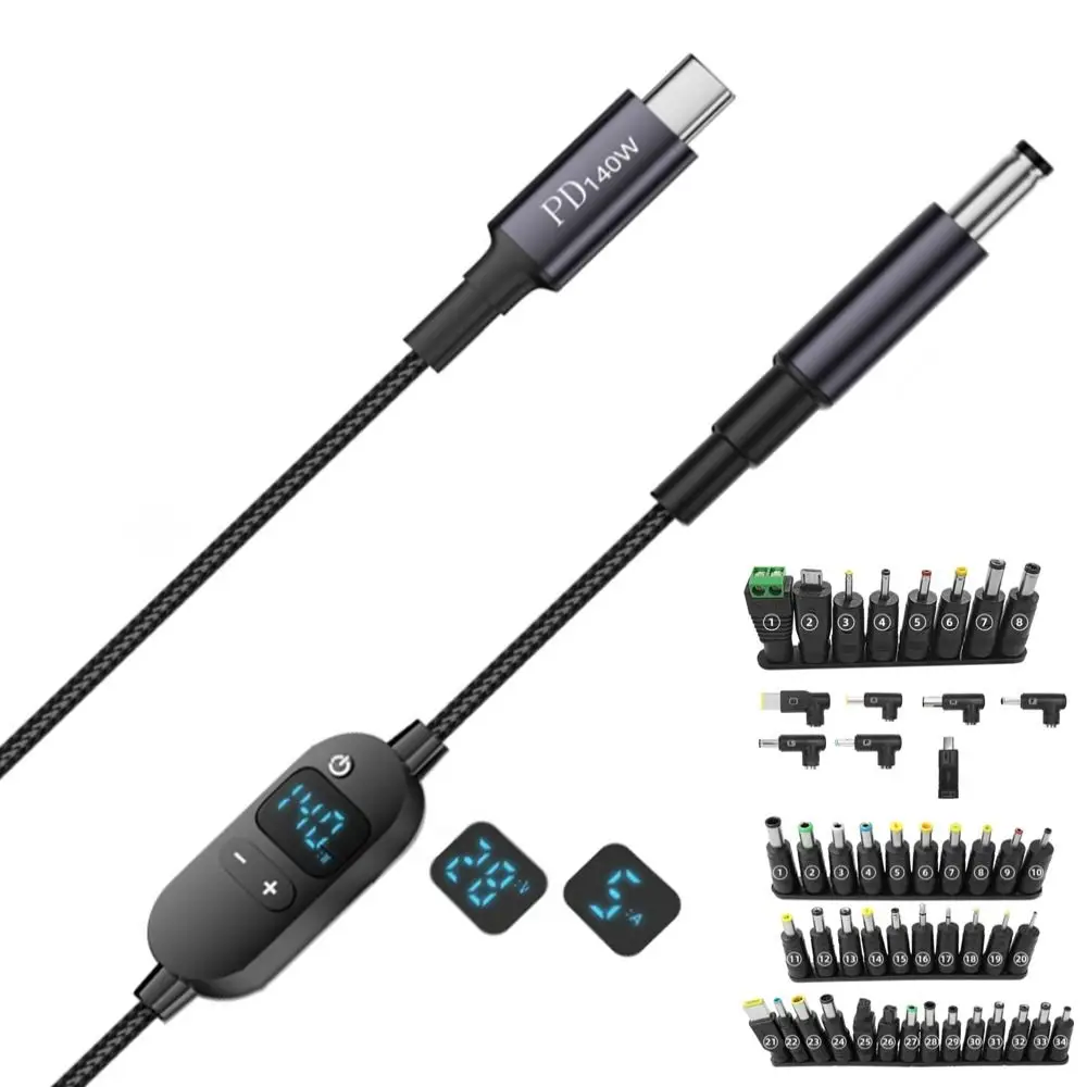 Universal Digital Display USB-C to DC Power Adapter Cable with Multiple Voltage Options and 28/34 Interchangeable Tips