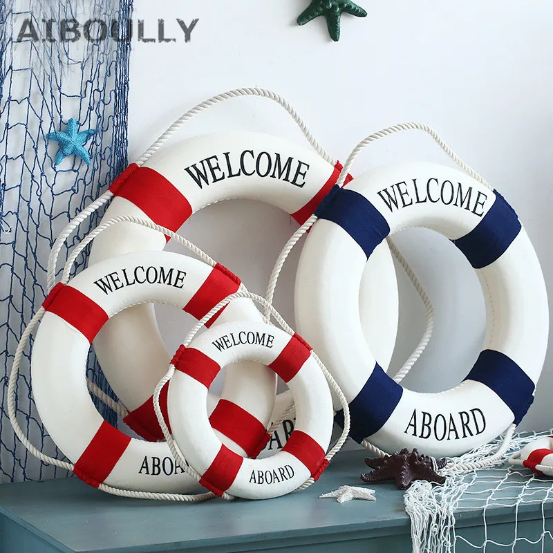 Navy Mediteranean Sea Life Buoy Wall Hanging Decorations Bar Home Decor Props Nautical Life Ring Wedding Crafts Wall Art Decor Wall Hanging Pendant Crystal Wall Hanging