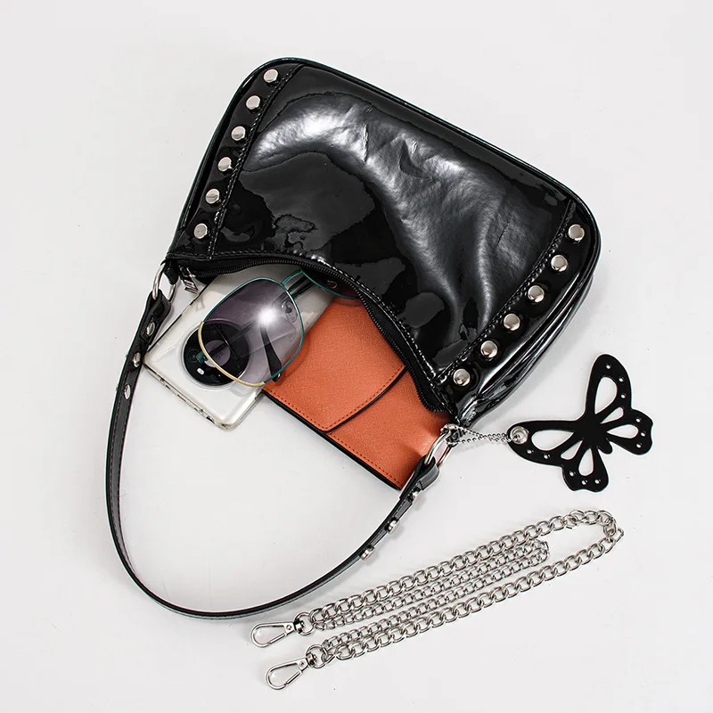 Classic Simple Women Black Patent Leather Metal Chain Butterfly Accessory Shoulder Underarm Bag Street Punk Style Rivet Handbag
