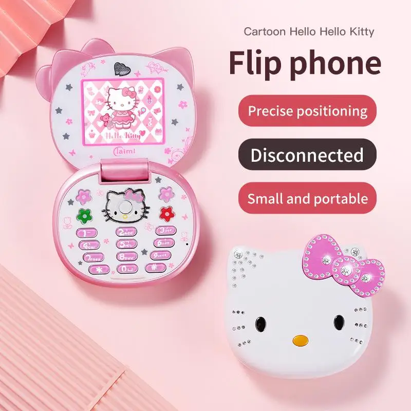 2023 New Kawaii Sanrio Hello Kitty Flip Phone Cartoon Cute Children White  Pink Mini Phone Birthday