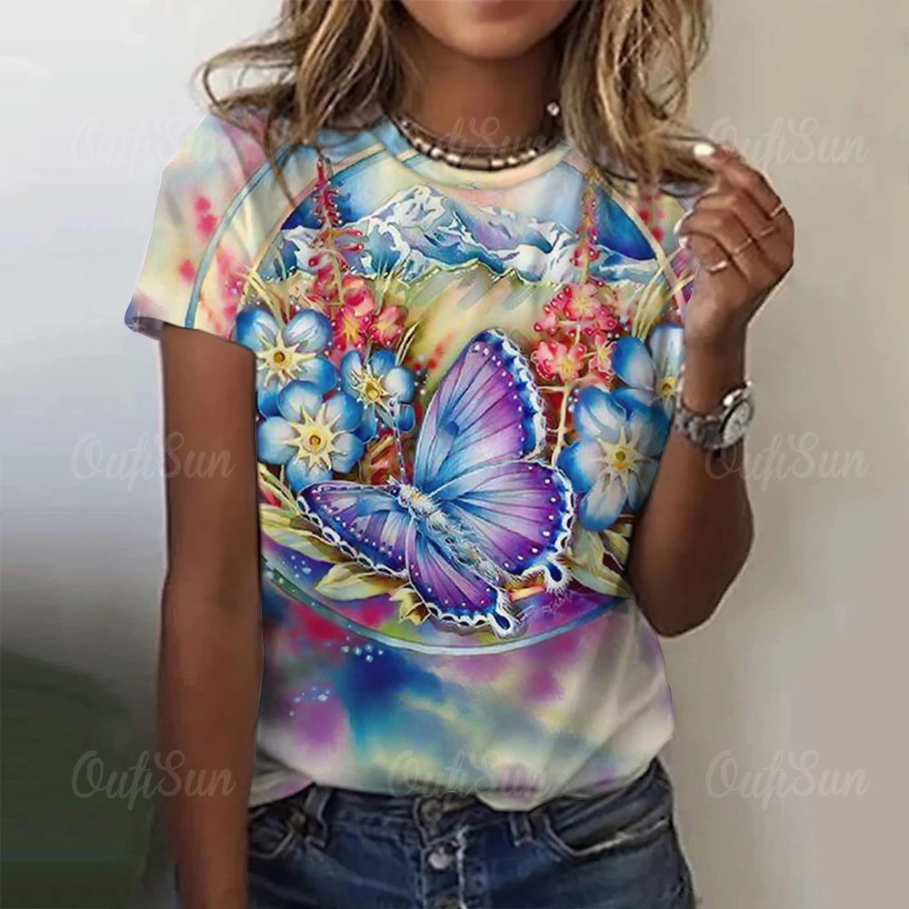 tシャツ 3D Butterfly Embroidered T-shirt / バタフライTシャツ レディース 2023 Fashion Woman T Shirt 3D Butterfly Print Crew Neck