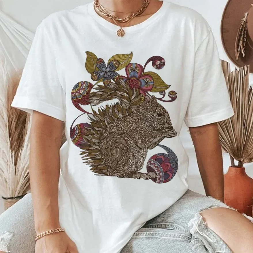 

Футболка женская хлопковая с коротким рукавом, модный топ с рисунком милой белки в мультяшном стиле, Повседневная Уличная одежда, 80s