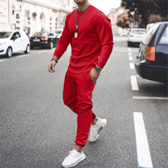Sportswear Sumer Men's Set Solid Color Tracksuit Sports Suits Male Sweatsuit Long Sleeves T shirt +Pants Printing 2 pc sets 8