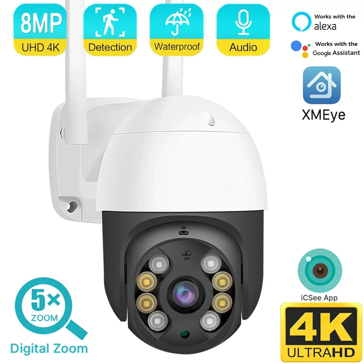 4K 8MP PTZ Wifi IP Camera 5X Digital Zoom Human Detection Auto Tracking Wireless CCTV Street Video Surveillance Dome Camera