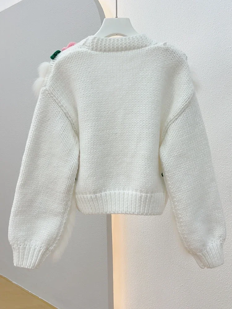 Splicing Real Fox Fur Short Cardigan Coat Female 2023 Autumn Long Sleeve Top Women's Clothes Knitted Flowers Wool Outerwear Slim
