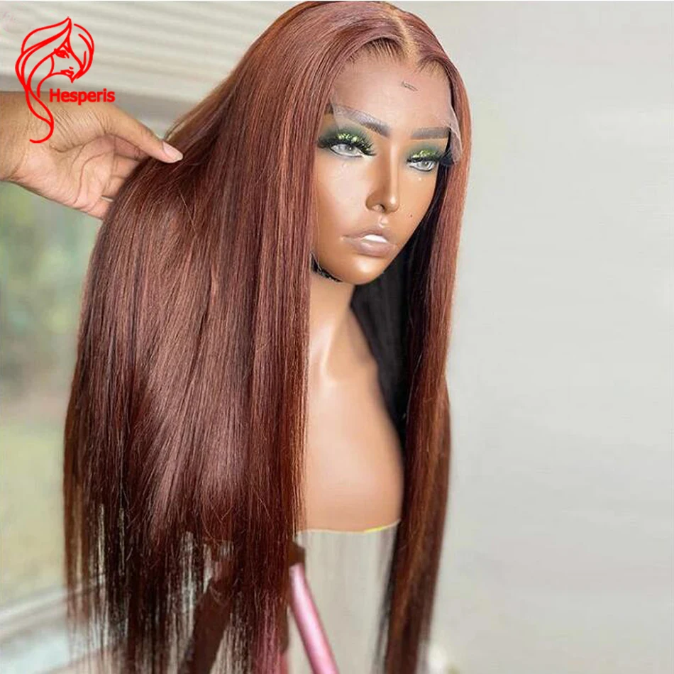 

Hesperis Reddish Brown Human Hair Wig Silk Straight Brazilian Remy Transparent 13x4 Lace Front Human Hair Wigs Colored 180D