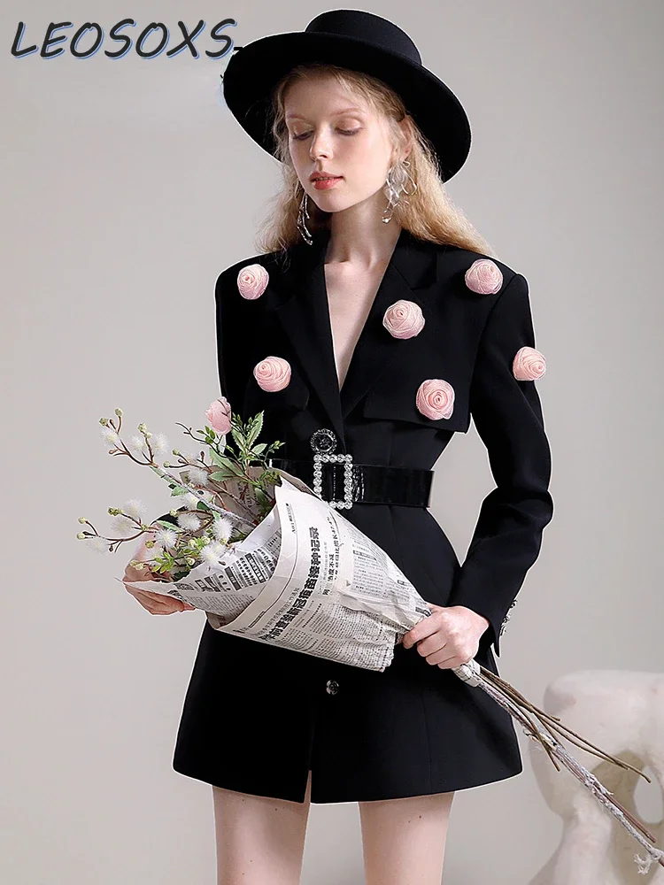 

Elegant Three-Dimensional Rose Flower Blazer Dress Autumn/Winter Slim Black Business Suit Niche Sweet Women Blazers and Jackets