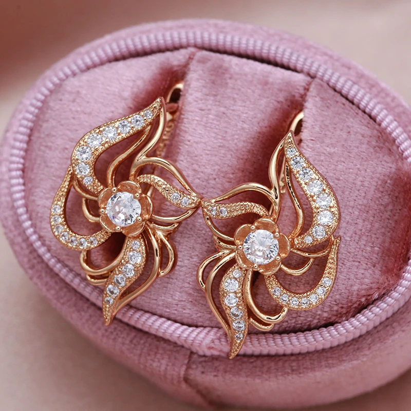 Luxury Micro Inlay Zircon Clip Earrings 585 Rose Gold Hollow Flower Symmetry Piercing Hoops for Women Engagement Golden Jewelry