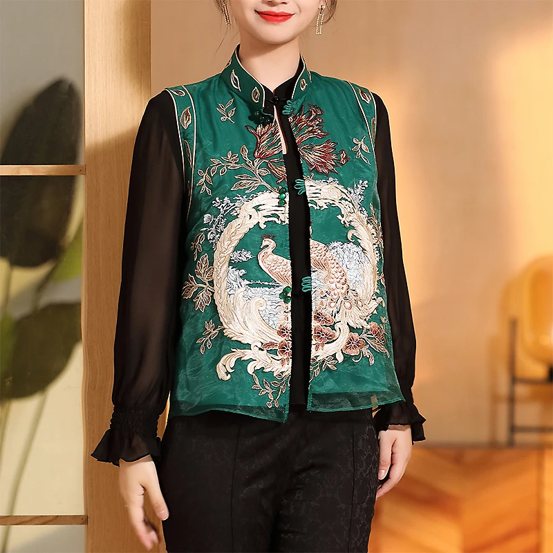 

Женский тонкий яркий летний новый ретро Топ без рукавов из органзы с вышивкой Феникса в китайском стиле