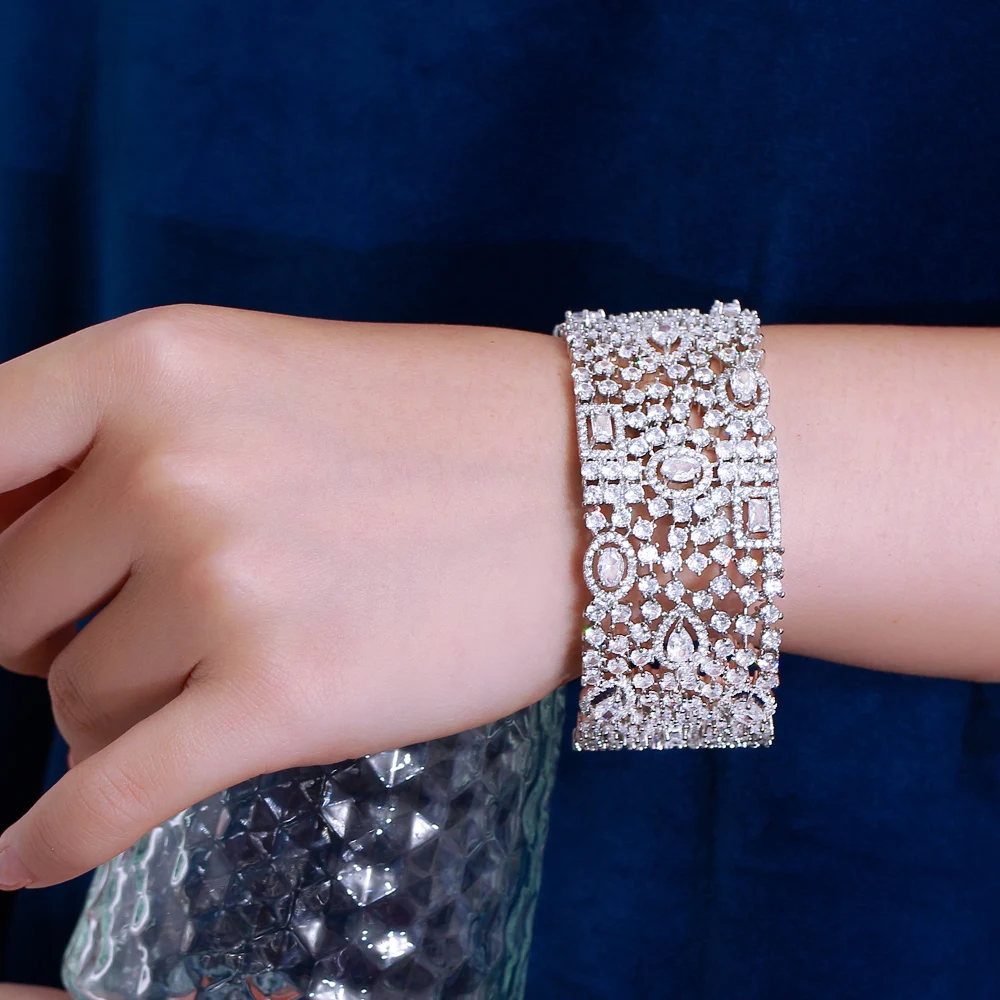 CWWZircons Luxury Statement Chunky Cubic Zirconia Pave Wide Big Bridal Wedding Cuff Bangles for Women Dubai Gold Color BG067 6